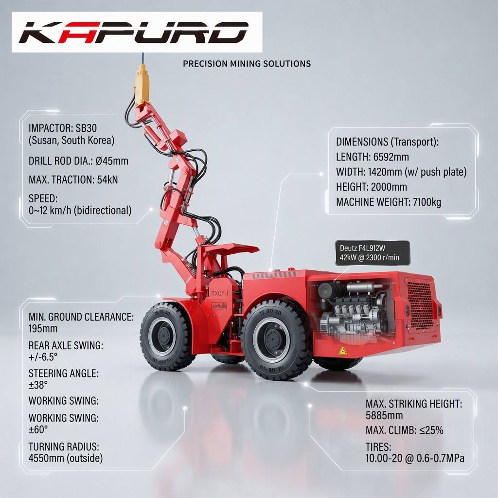 TPX-104 Wheel Scaling Drilling Rig 45mm Rod Hydraulic Tunnel Bolter Deutz F4L912W 42kW Engine Underground Mining Scaler 7100kg
