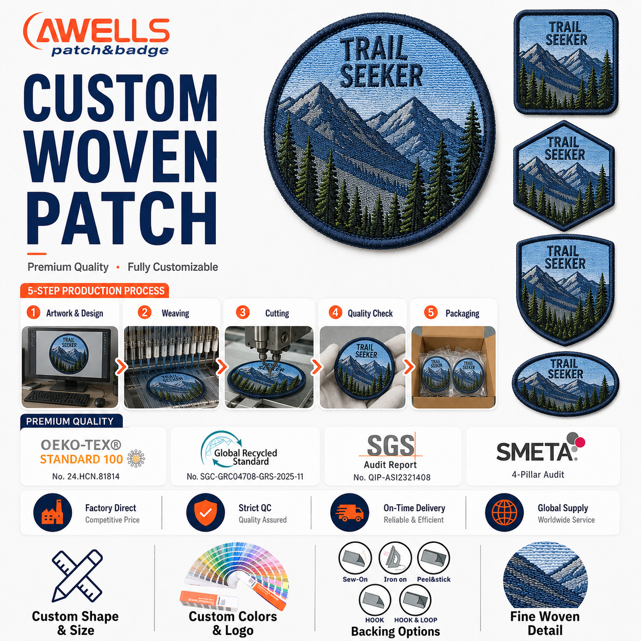 Patch Mibnuż Personalizzat għall-Backpacks għall-Hiking bil-Ġid tal-Biċċa tal-Muntanja, Dettaġġ Ħażin, Badge Barrani, OEM, ODM, AWELLS