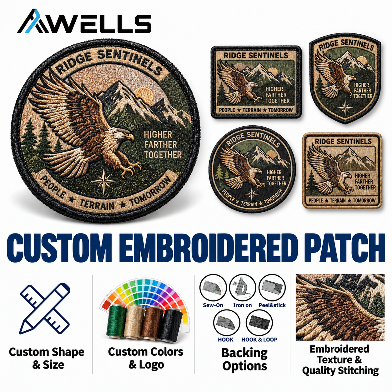 Custom Embroidery Badge with Mountain Eagle Design for Outdoor Gear Team Apparel and Adventure Brand Merchandise AWELLS