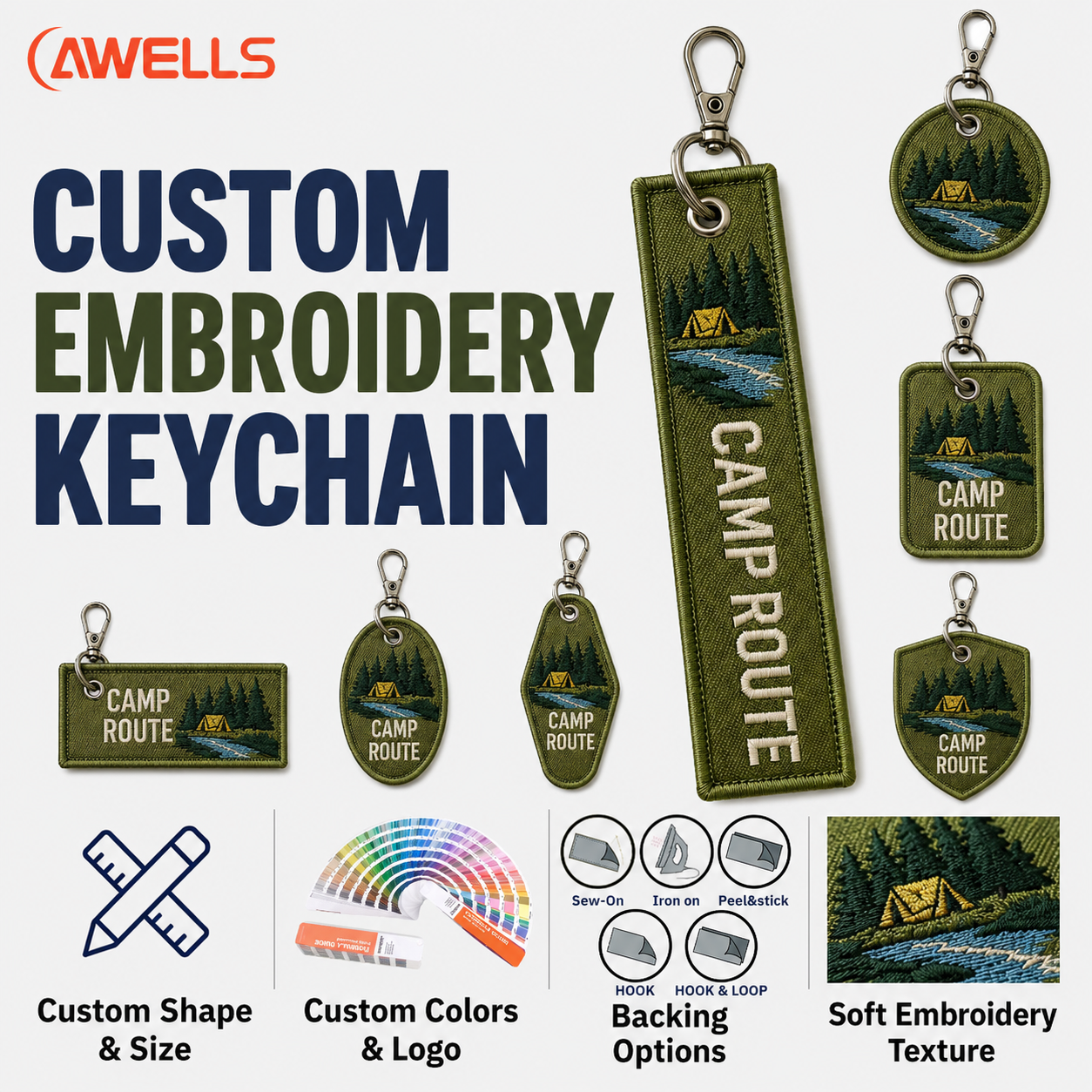 Custom Outdoor Embroidered Key Tag with Camp Route Design for Travel Brands Resort Gifts and Adventure Accessories AWELLS
