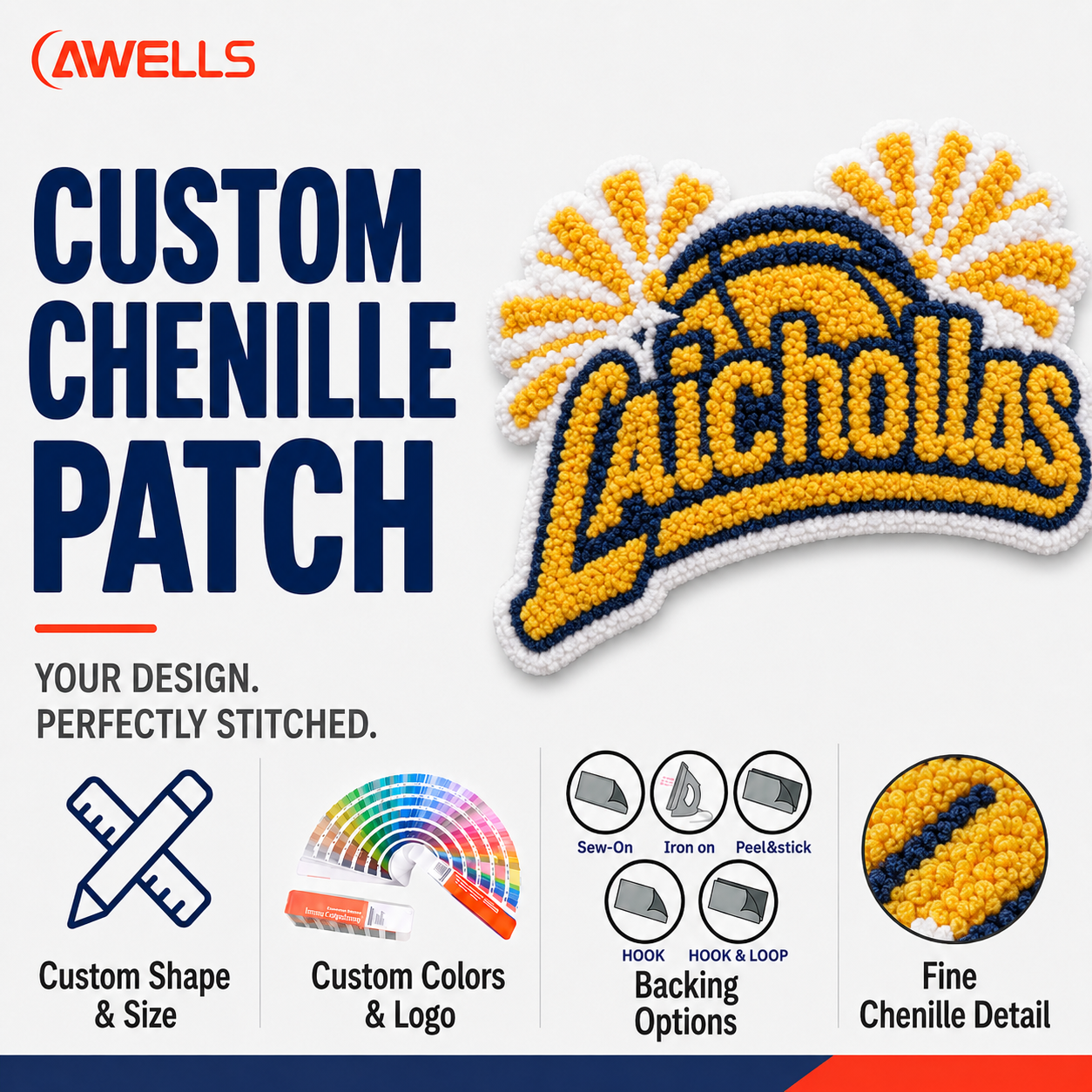 Custom Varsity Chenille Patch for Jackets and Team Uniforms with Plush Lettering and School Spirit Design OEM ODM AWELLS