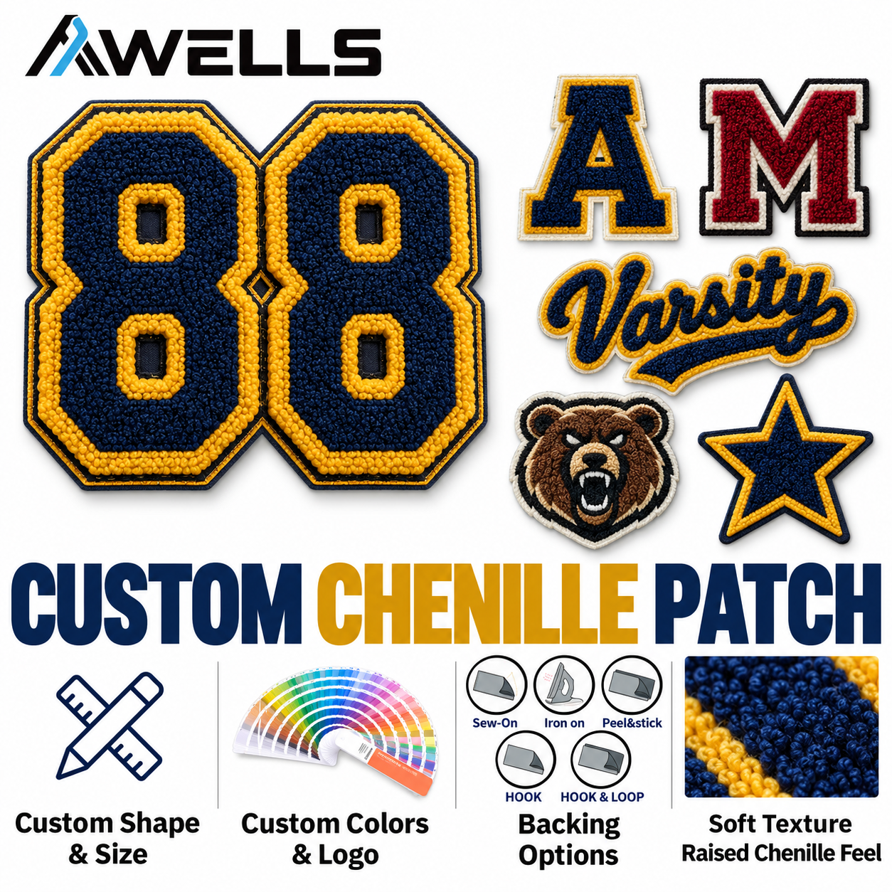 Custom Chenille Number Patch for Varsity Bags Sports Uniforms and Team Gear Bulk Manufacturing AWELLS