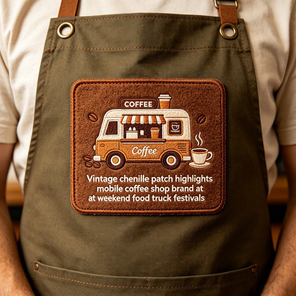 Custom Chenille Patch with Coffee Truck Embroidery for Aprons Food Festivals Cafe Branding OEM Bulk Order Service AWELLS