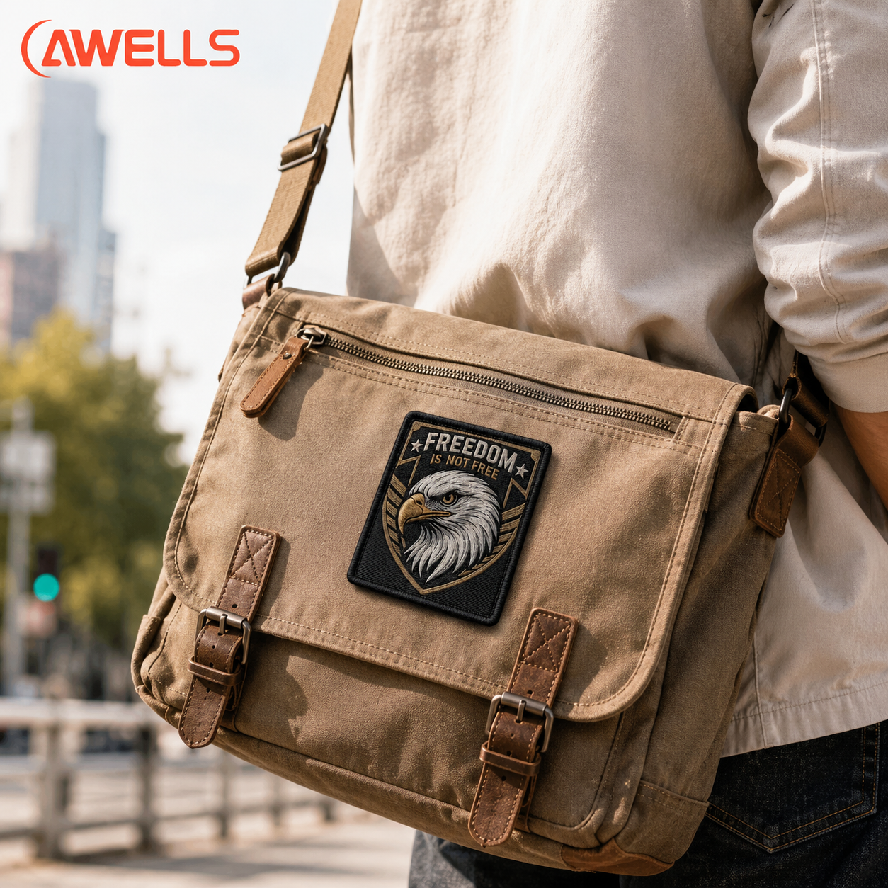 Custom Woven Patch for Utility Gear Backpacks and Outdoor Equipment with Fine Yarn Detail and Stitched Border OEM ODM AWELLS