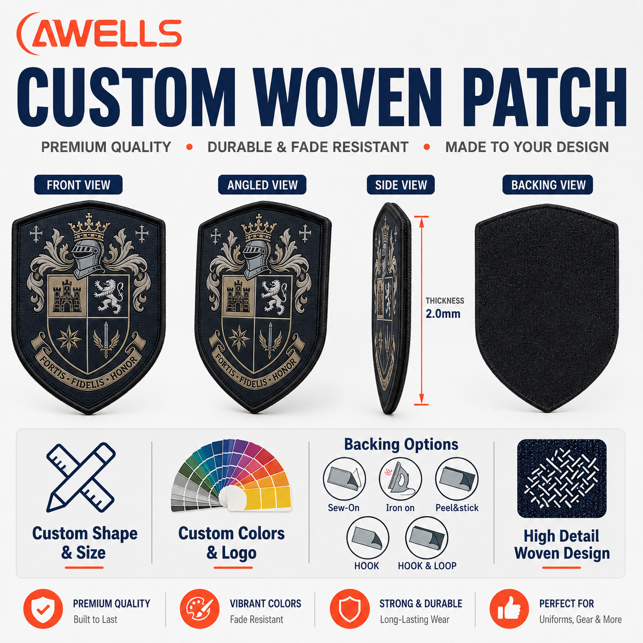 Patch bissi ħeraldiku personalizzat b’iskud u kresta dettaljati ħafna għall-uniformi, il-ġubbiet, iż-żijda u l-identità tal-klabb AWELLS