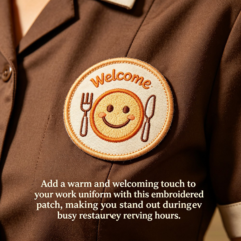 AWELLS Cheerful Hospitality Embroidery Patch, Smiley Plate & Cutlery Badge for Restaurant Uniforms