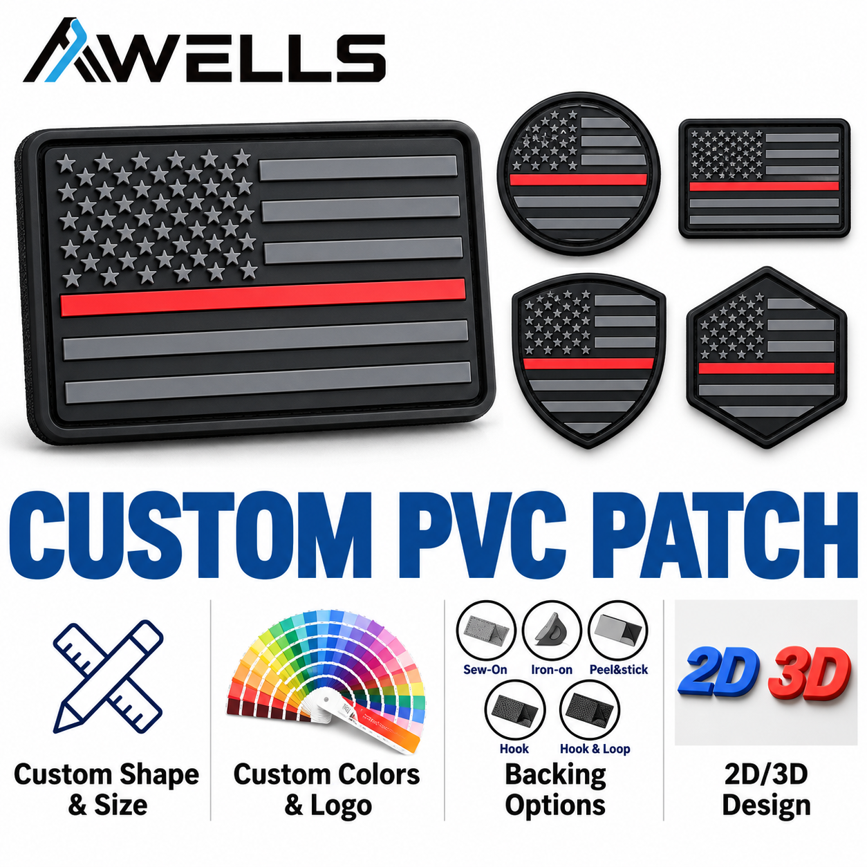 Custom Black American Flag PVC Patch with Red Stripe for Jackets Uniforms Bags and Outdoor Gear Branding AWELLS