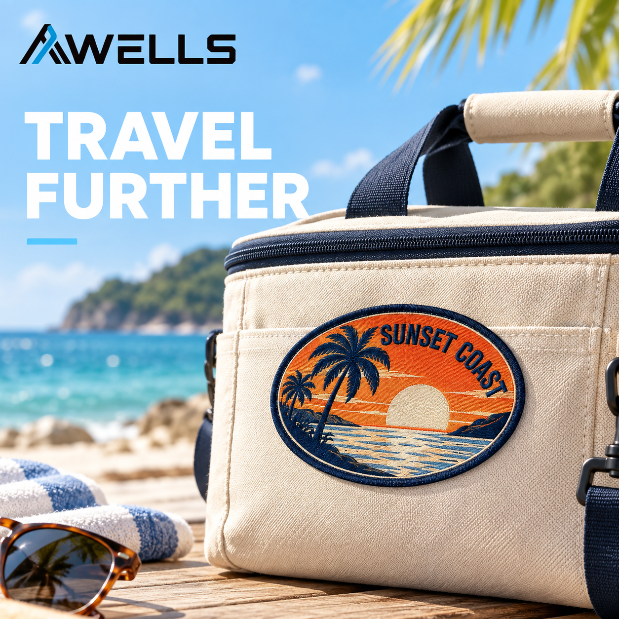 Custom Woven Patch for Tote Bags with Sunset Beach Design for Resort Souvenirs Travel Merchandise and Coastal Brands AWELLS