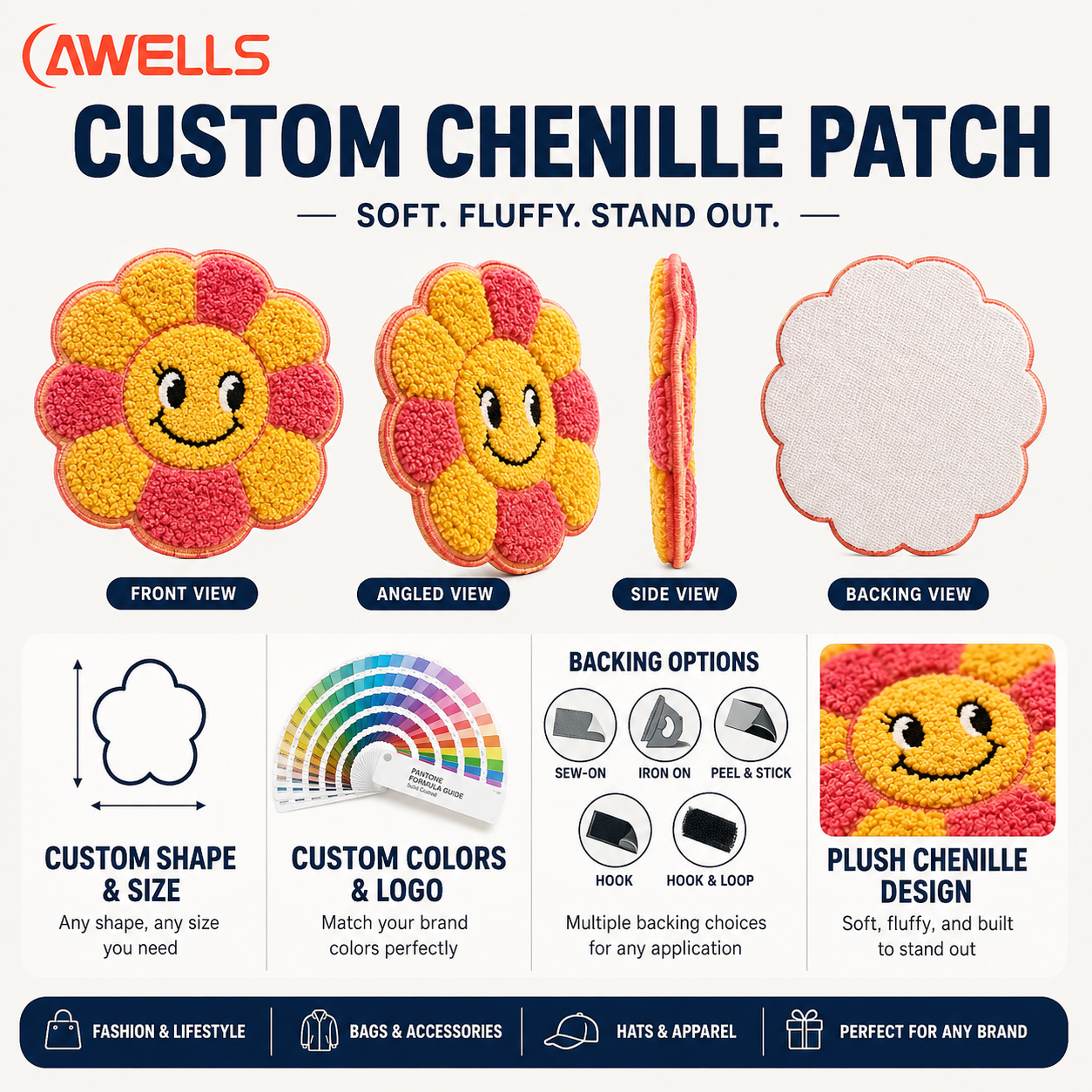 Custom Chenille Patch for Tote Bags Cute Flower Smile Badge for Bookstore Merchandise Lifestyle Gifts and Fashion Accessories AWELLS