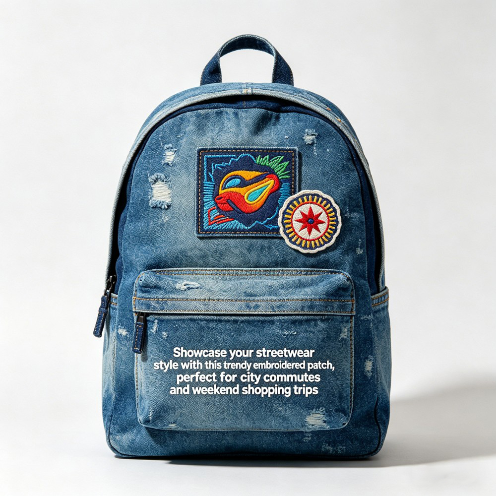 Custom Embroidery Patch for Denim Backpacks with High-Density Stitching and Merrow Border Streetwear Brand Badge OEM ODM AWELLS
