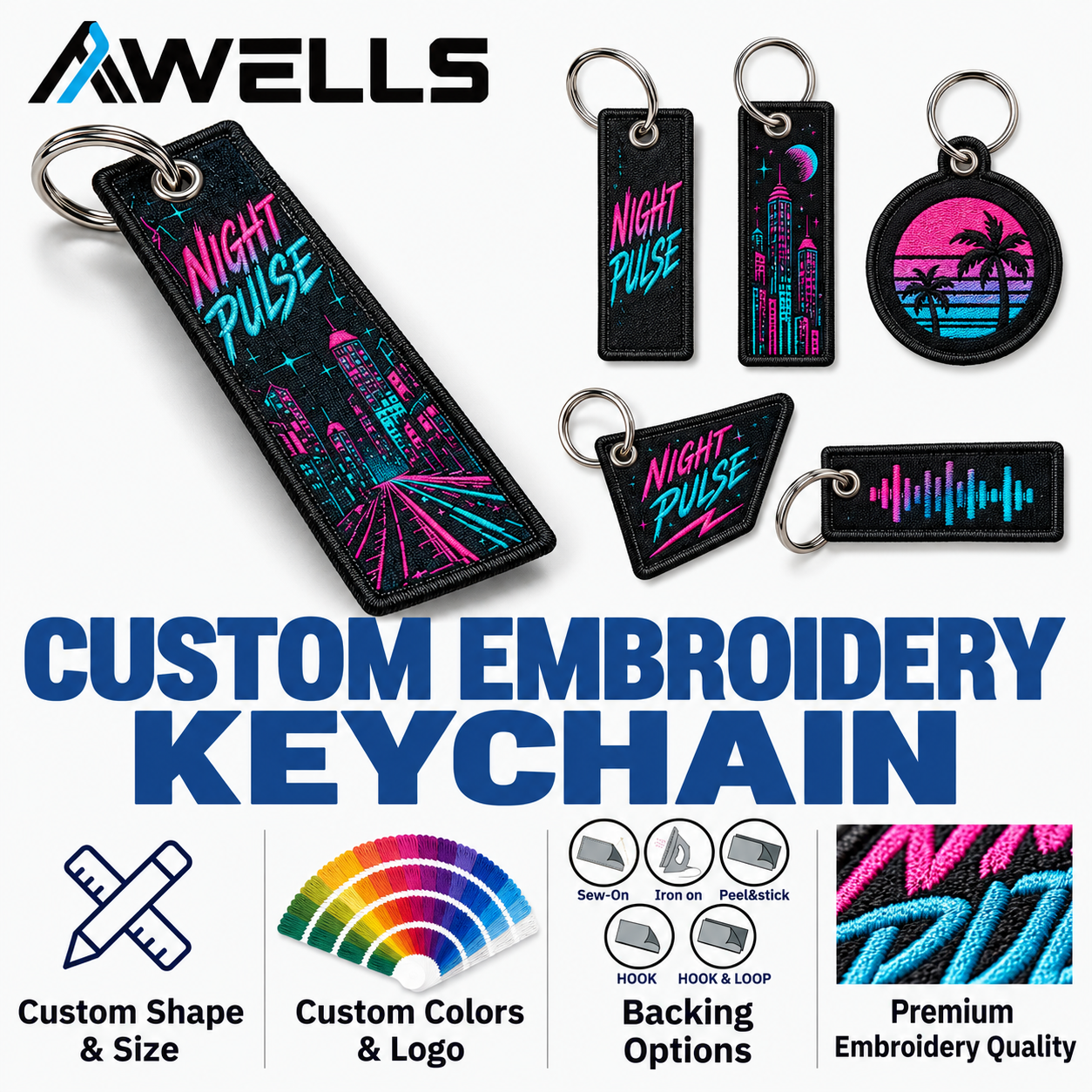 Custom Embroidery Keychain with Neon City Artwork Streetwear Flight Tag Style for Fashion Brands Events and Merchandise AWELLS