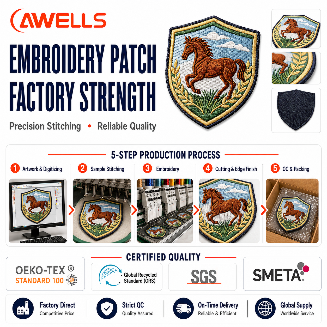 Custom Embroidery Patch for Equestrian Jackets with High-Density Horse Logo and Embroidered Border OEM ODM AWELLS