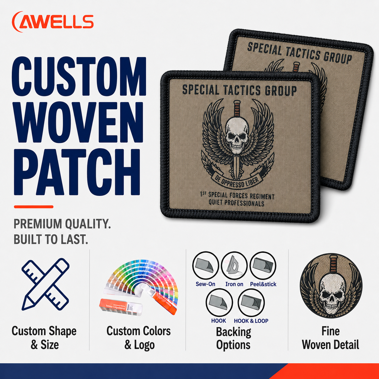 Custom Woven Patch for Outdoor Gear and Utility Bags with Fine Yarn Detail Stitched Border and Hook and Loop Backing AWELLS
