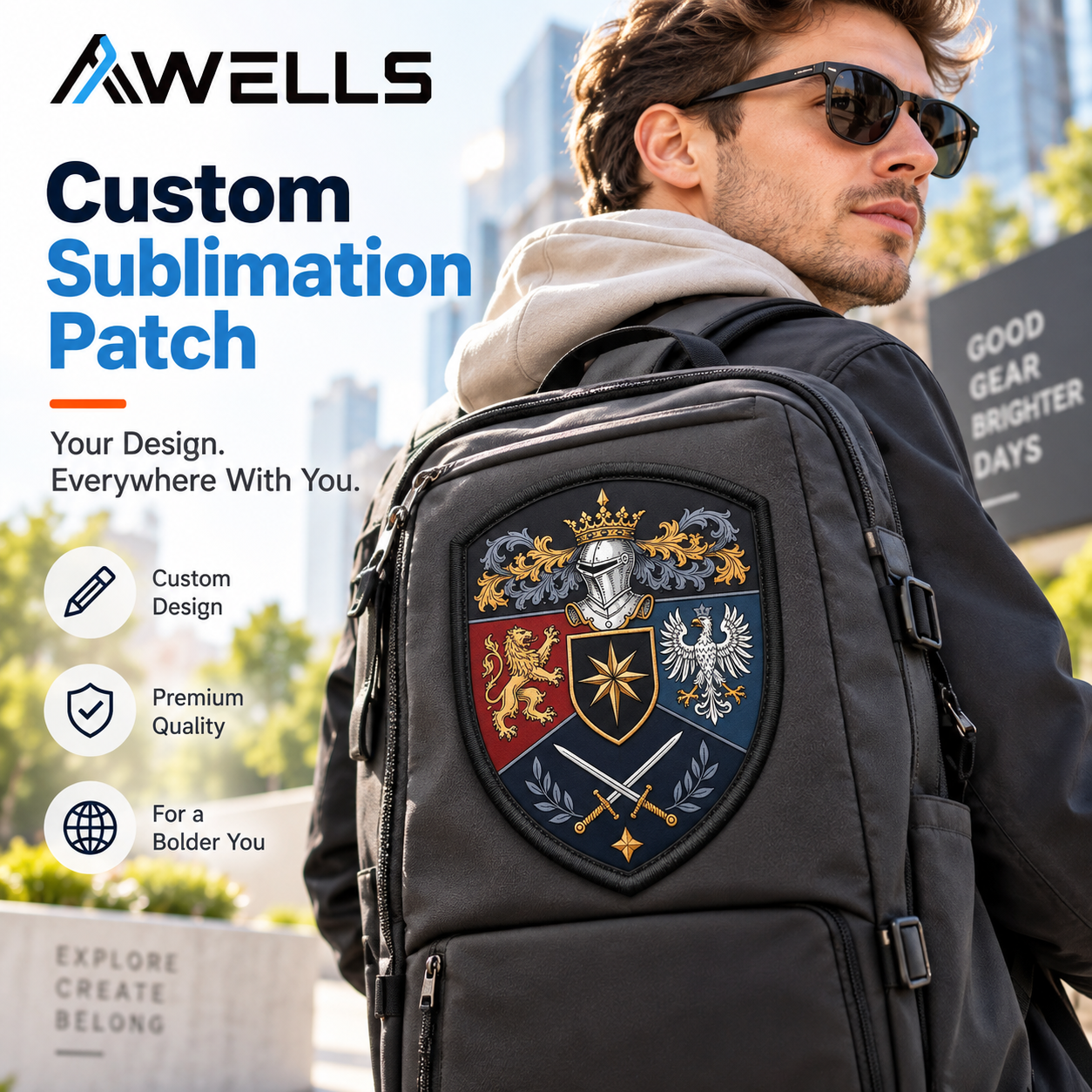 Custom Dye Sublimation Crest Patch with Heraldic Shield Artwork for Club Apparel Heritage Branding and Premium Accessories AWELLS