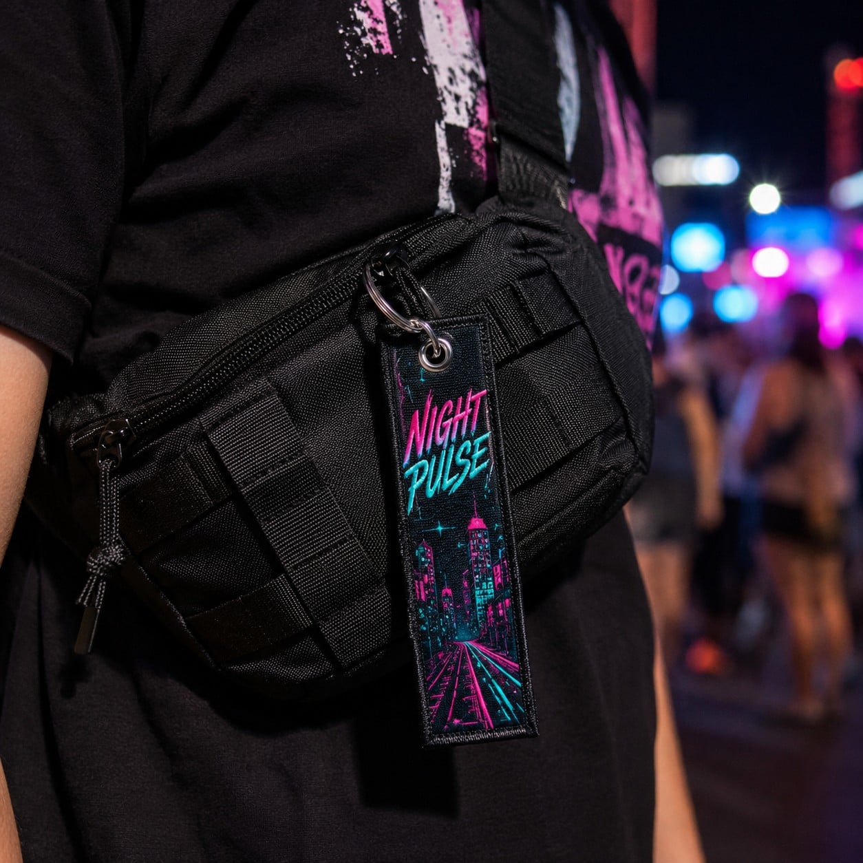 Custom Embroidery Keychain with Neon City Artwork Streetwear Flight Tag Style for Fashion Brands Events and Merchandise AWELLS