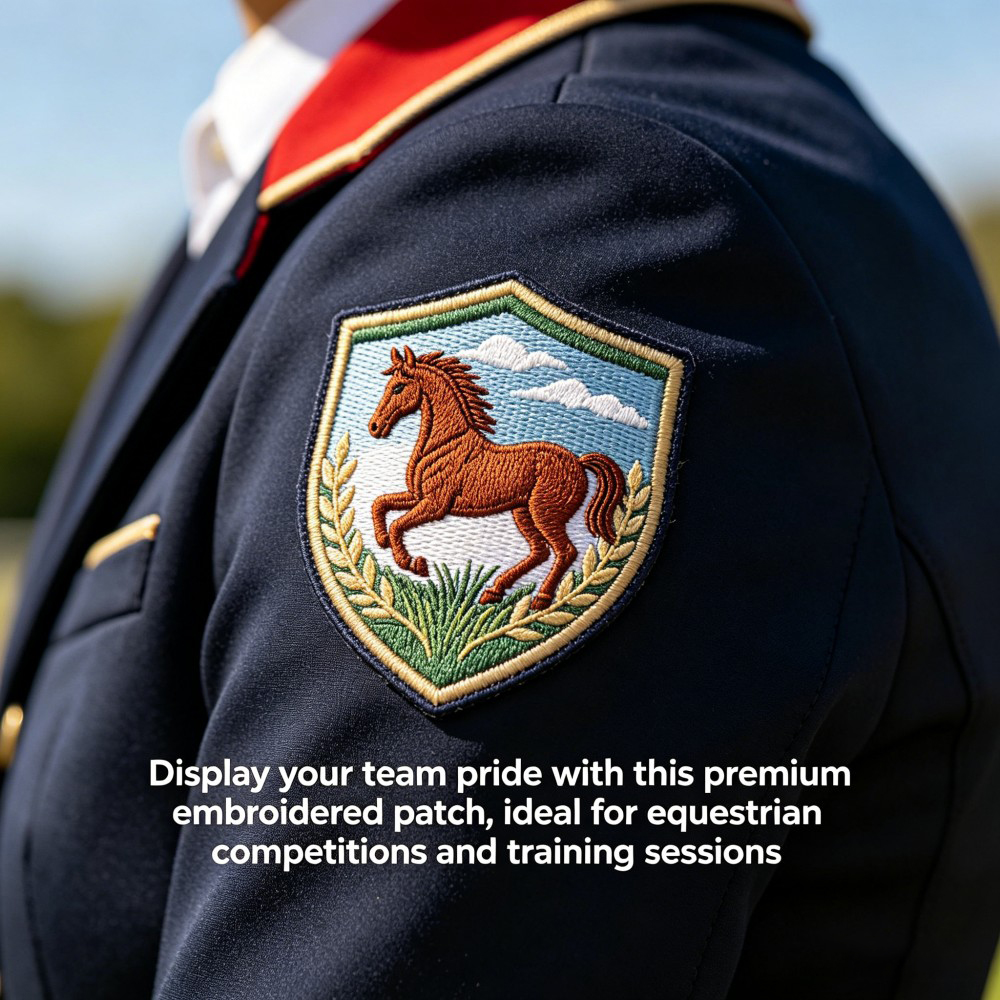 Custom Embroidery Patch for Equestrian Jackets with High-Density Horse Logo and Embroidered Border OEM ODM AWELLS