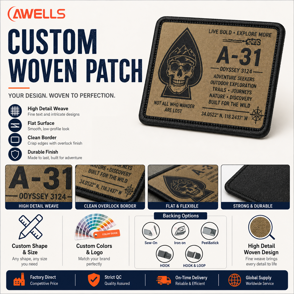 Custom Woven Patch for Utility Gear Backpacks and Outdoor Equipment Fine Yarn Logo Badge with Hook and Loop Backing AWELLS