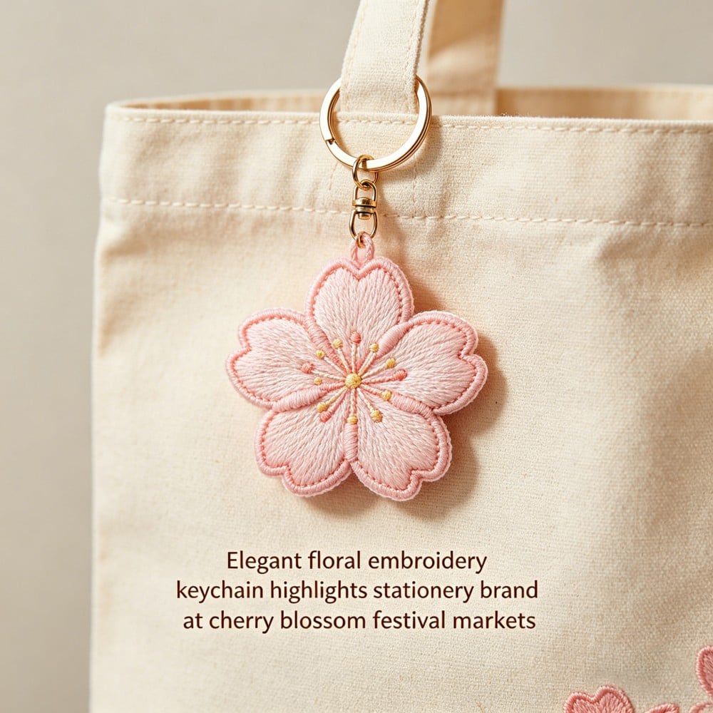 AWELLS Elegant Cherry Blossom Embroidery Keychain, Soft Floral Accessory for Tote Bags & Spring Market Gifts