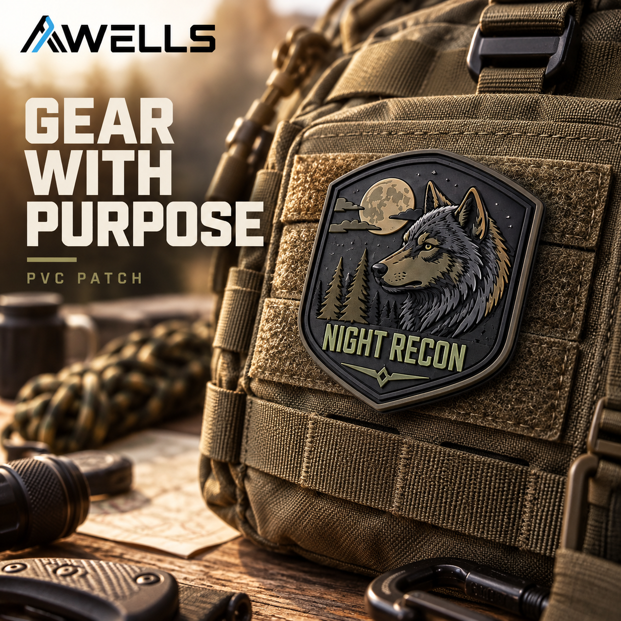 Personalized Soft PVC Patch with Wolf Emblem for Hats, Backpacks and Field Accessories AWELLS