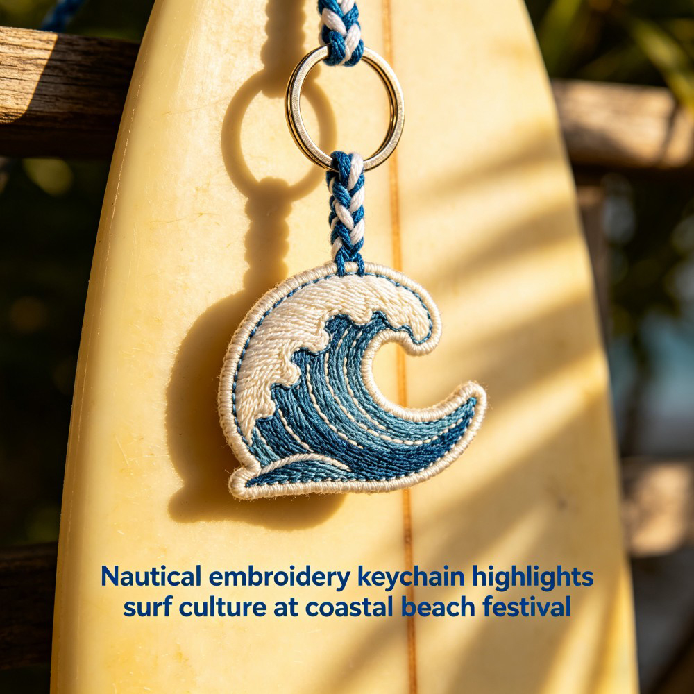 AWELLS Nautical Wave Embroidery Keychain, Blue & White Charm for Surf Culture & Beach Festivals
