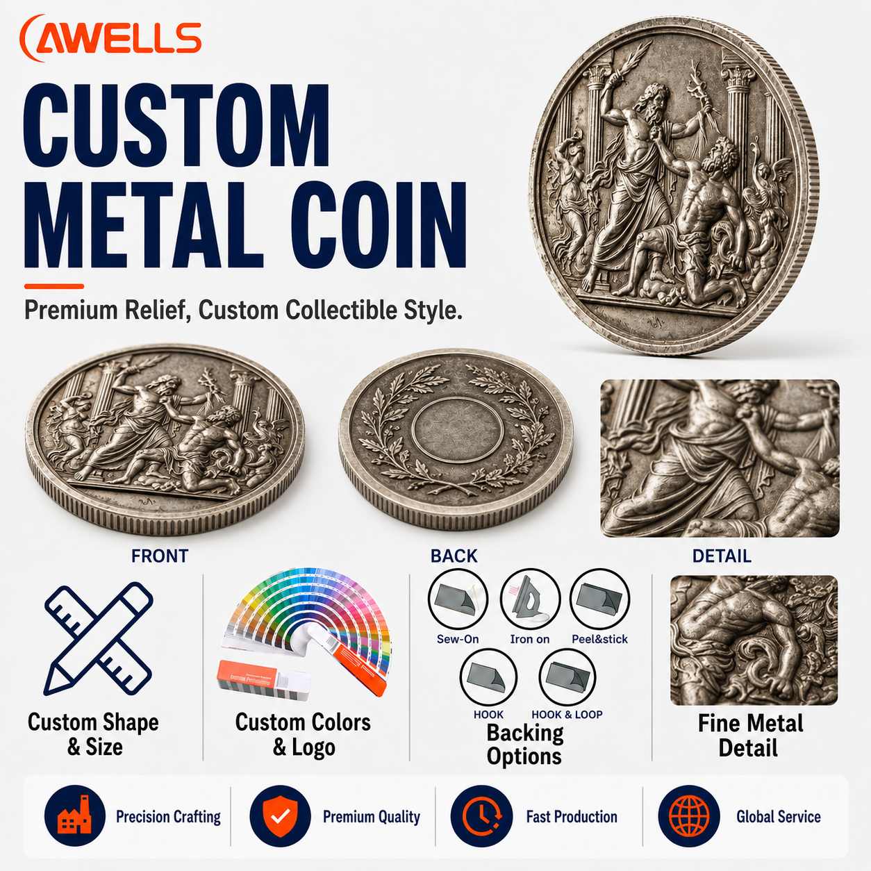 Custom Antique Silver Metal Coin with 3D Classical Relief for Museum Souvenirs Heritage Gifts and Collectible Programs AWELLS