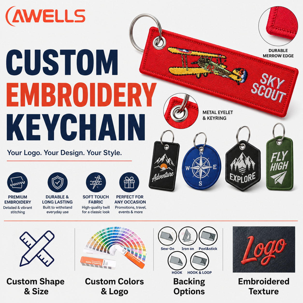 Custom Embroidery Keychain with Aircraft Design Double-Sided Fabric Key Tag for Luggage Travel Gifts and Brand Promotion AWELLS