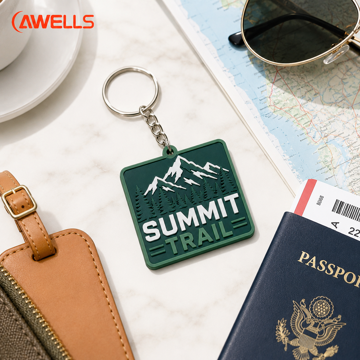 Custom Soft PVC Keychain with Mountain Trail Design for Backpacks Hiking Gear and Outdoor Promotional Gifts OEM ODM AWELLS