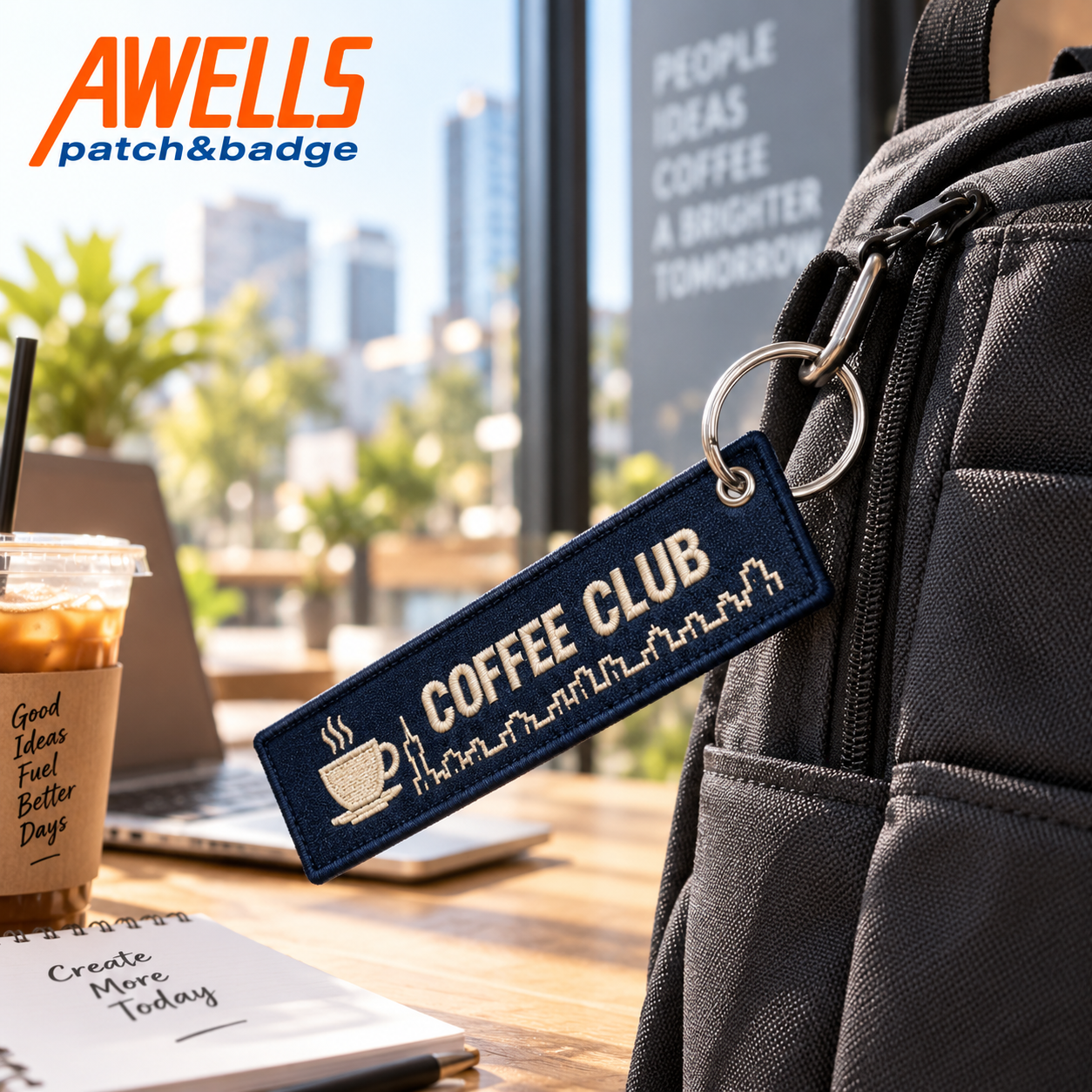 Custom Coffee Embroidery Keychain for Cafes Tote Bags Coffee Shop Merchandise and Lifestyle Promotional Gifts AWELLS