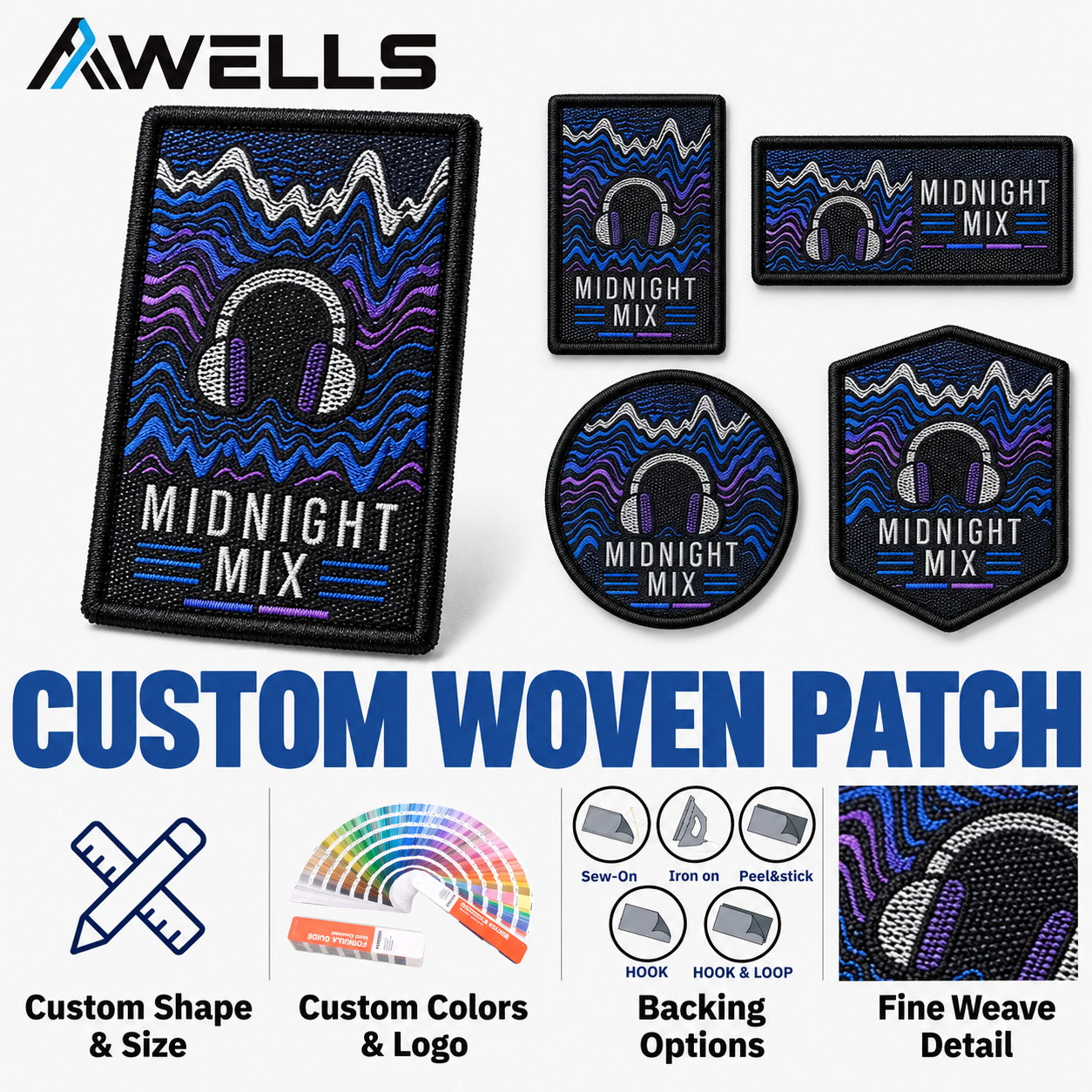 Custom Woven Patch for Music Brands DJ Merchandise Audio Studios and Streetwear Apparel AWELLS