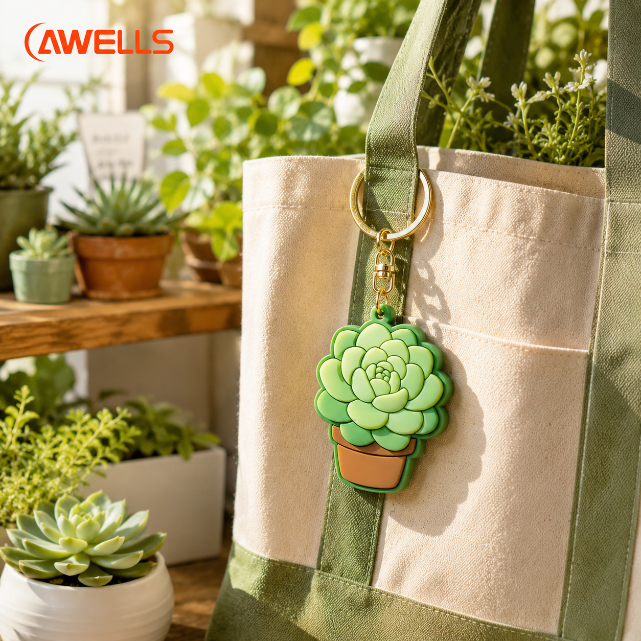 Custom Soft PVC Keychain with Succulent Plant Design 2D Raised Rubber Key Tag for Garden Brands Retail Gifts OEM ODM AWELLS