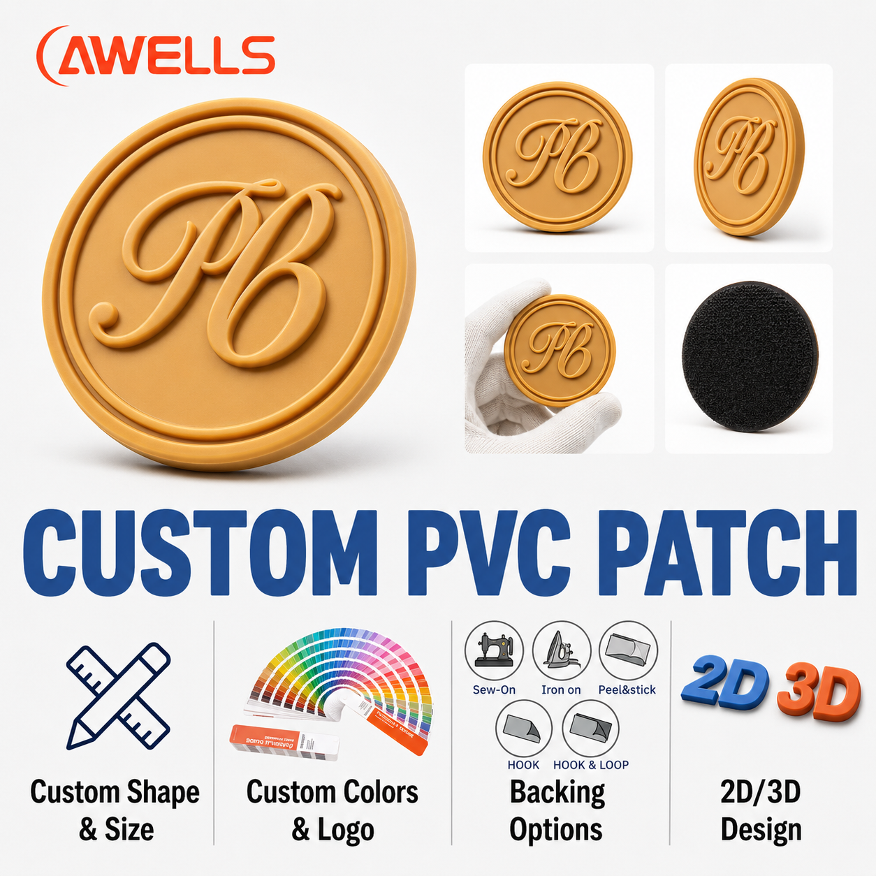Custom Soft PVC Patch for Wedding Monograms and Formal Event Accessories with 2D Molded Logo Detail OEM ODM AWELLS