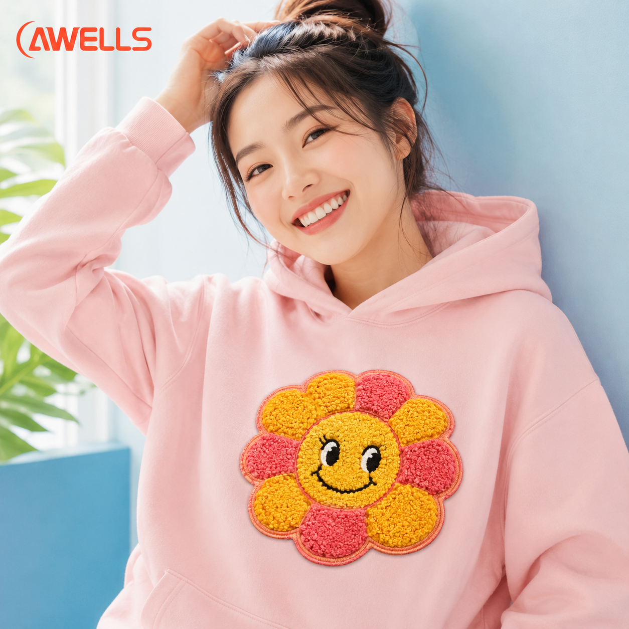 Custom Chenille Patch for Tote Bags Cute Flower Smile Badge for Bookstore Merchandise Lifestyle Gifts and Fashion Accessories AWELLS
