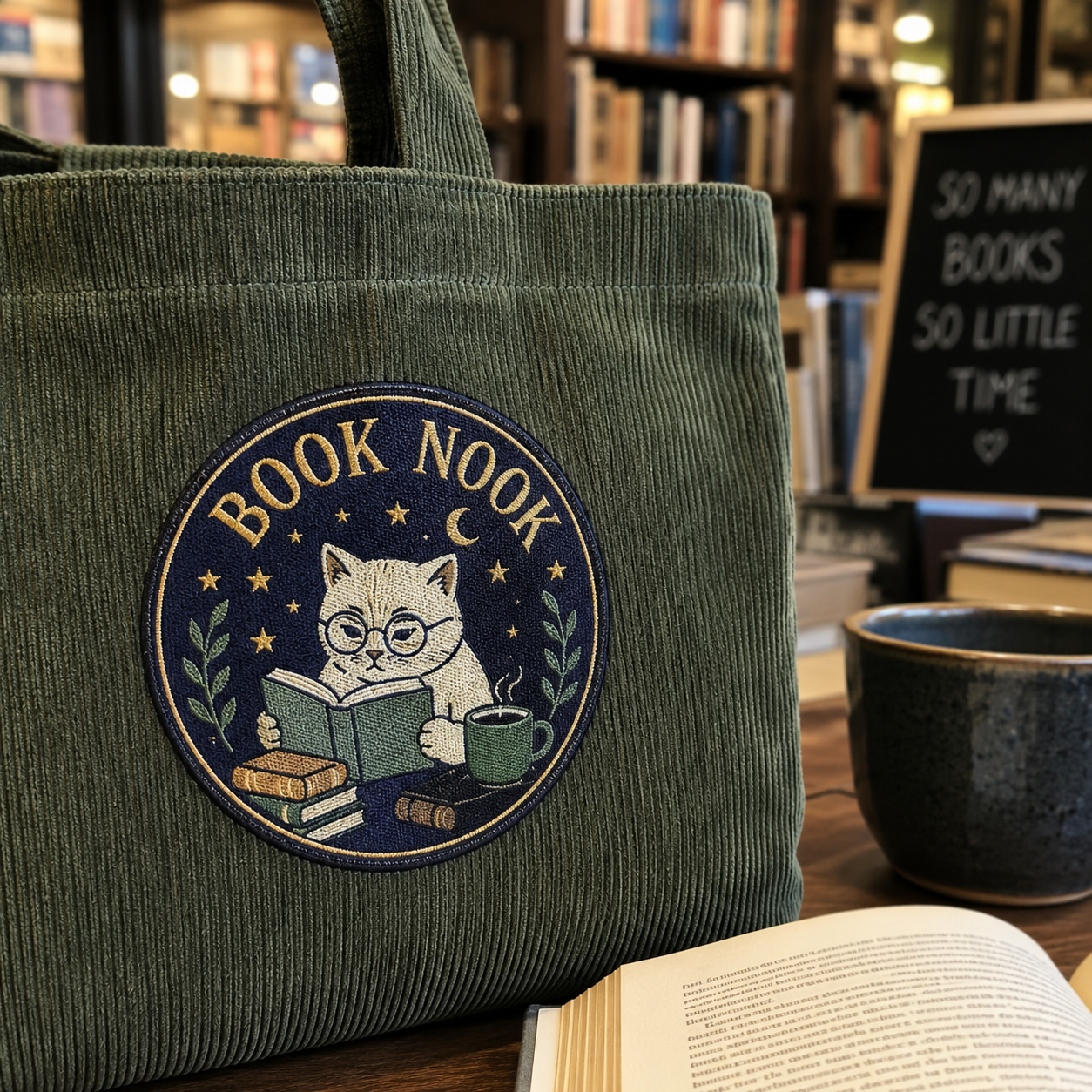 Custom Bookstore Woven Patch with Cat Reading Design for Tote Bags Library Gifts and Literary Merchandise AWELLS