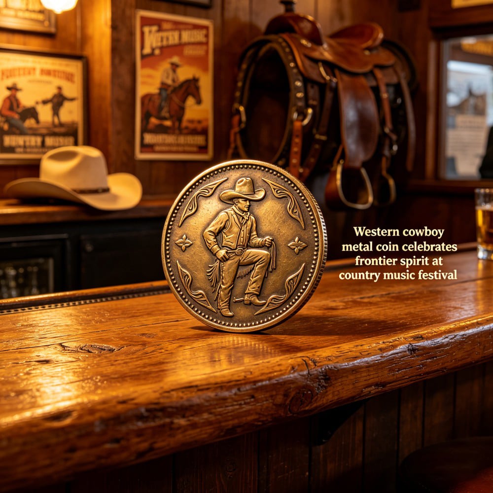 AWELLS Western Cowboy Metal Challenge Coin, Antique Bronze Motif for Country Music Festivals