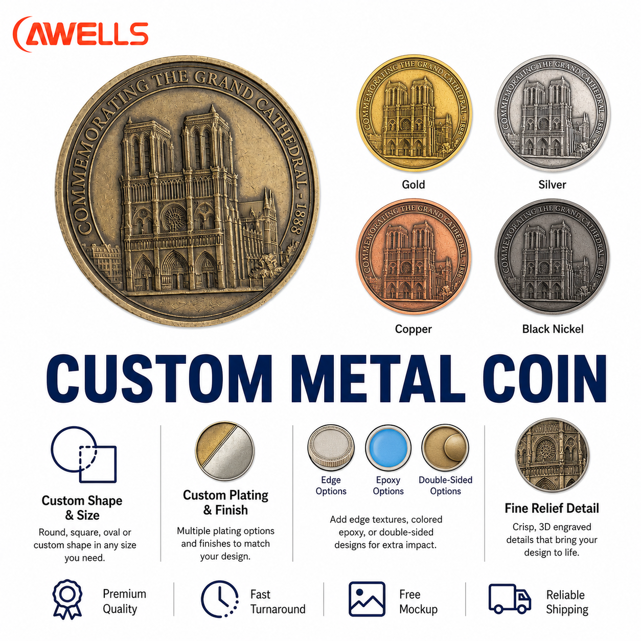 Custom Antique Gold Metal Coin with 3D Cathedral Relief for Heritage Events Museum Souvenirs and Commemorative Gifts AWELLS
