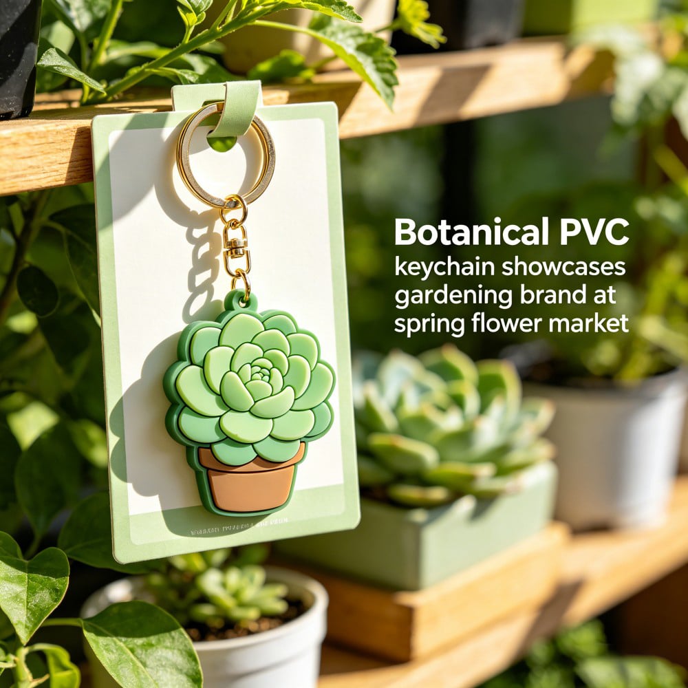 Custom Soft PVC Keychain with Succulent Plant Design 2D Raised Rubber Key Tag for Garden Brands Retail Gifts OEM ODM AWELLS