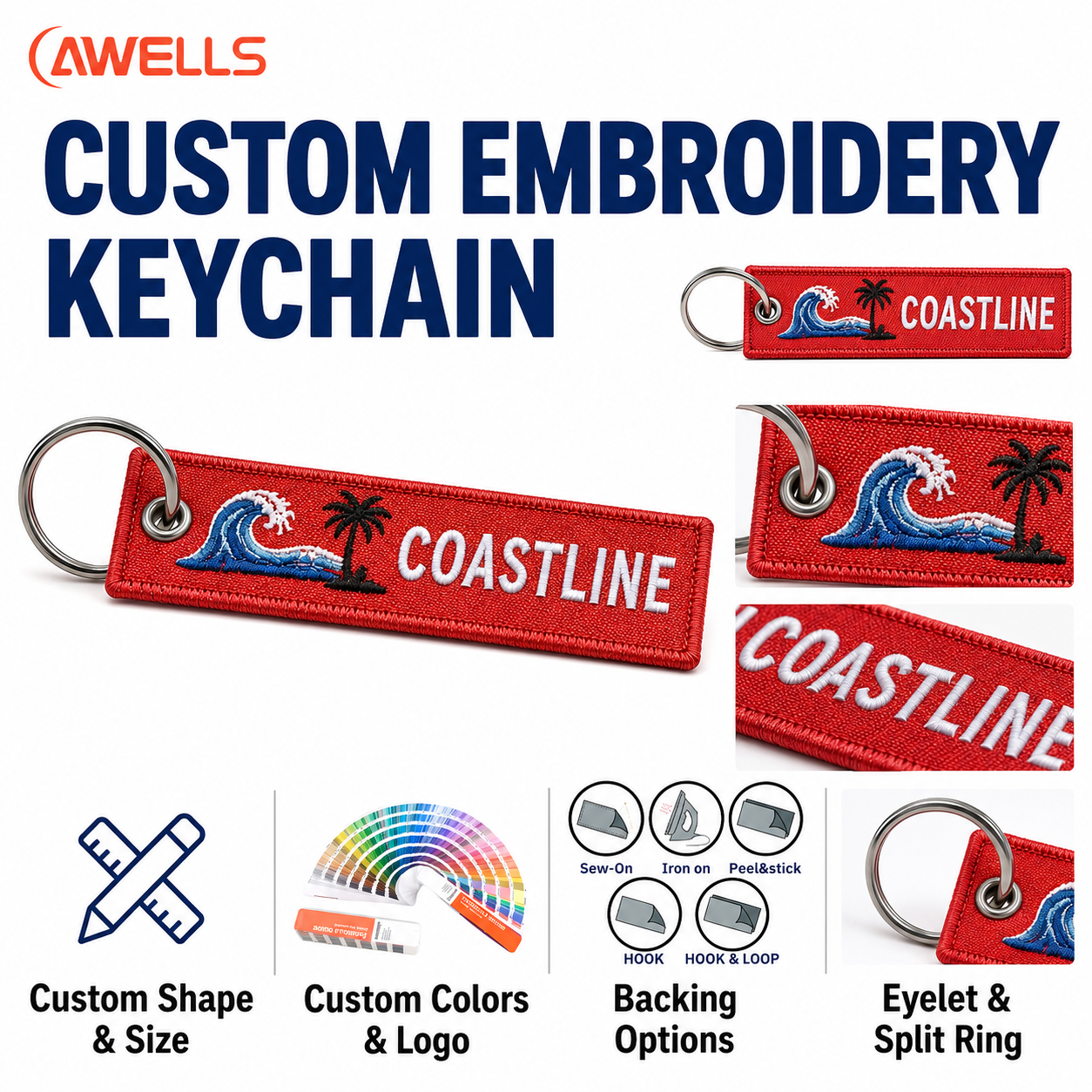Personalized Coastal Embroidery Keychain for Automotive Keys Beach Resorts Travel Shops and Promotional Merchandise AWELLS