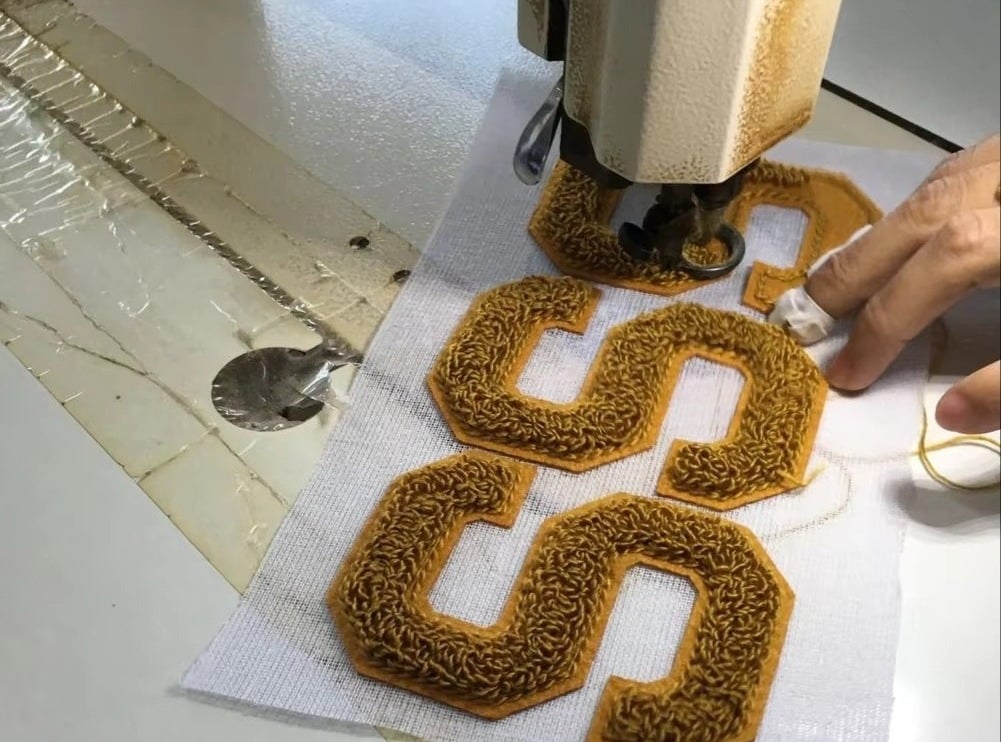 Premium Custom Logo Design Woven Patches   Iron-On Embroidery Towel Chenille With Sequin Detailing details