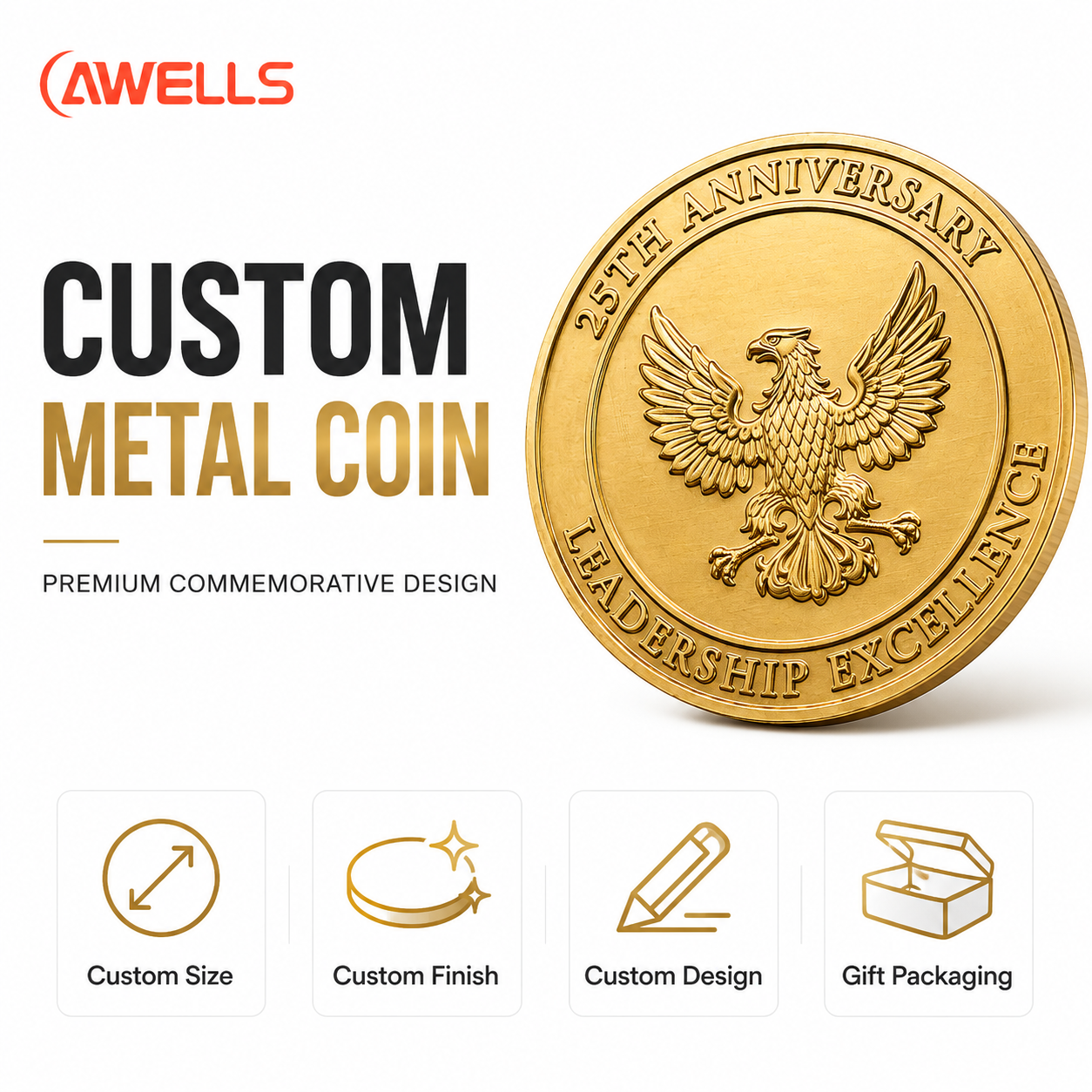 Personalized Anniversary Metal Coin with Eagle Emblem and Gift Box for Employee Recognition and Corporate Events AWELLS