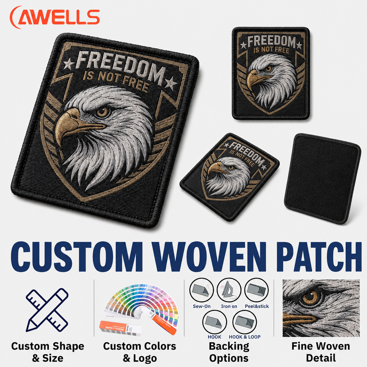 Custom Woven Patch for Utility Gear Backpacks and Outdoor Equipment with Fine Yarn Detail and Stitched Border OEM ODM AWELLS