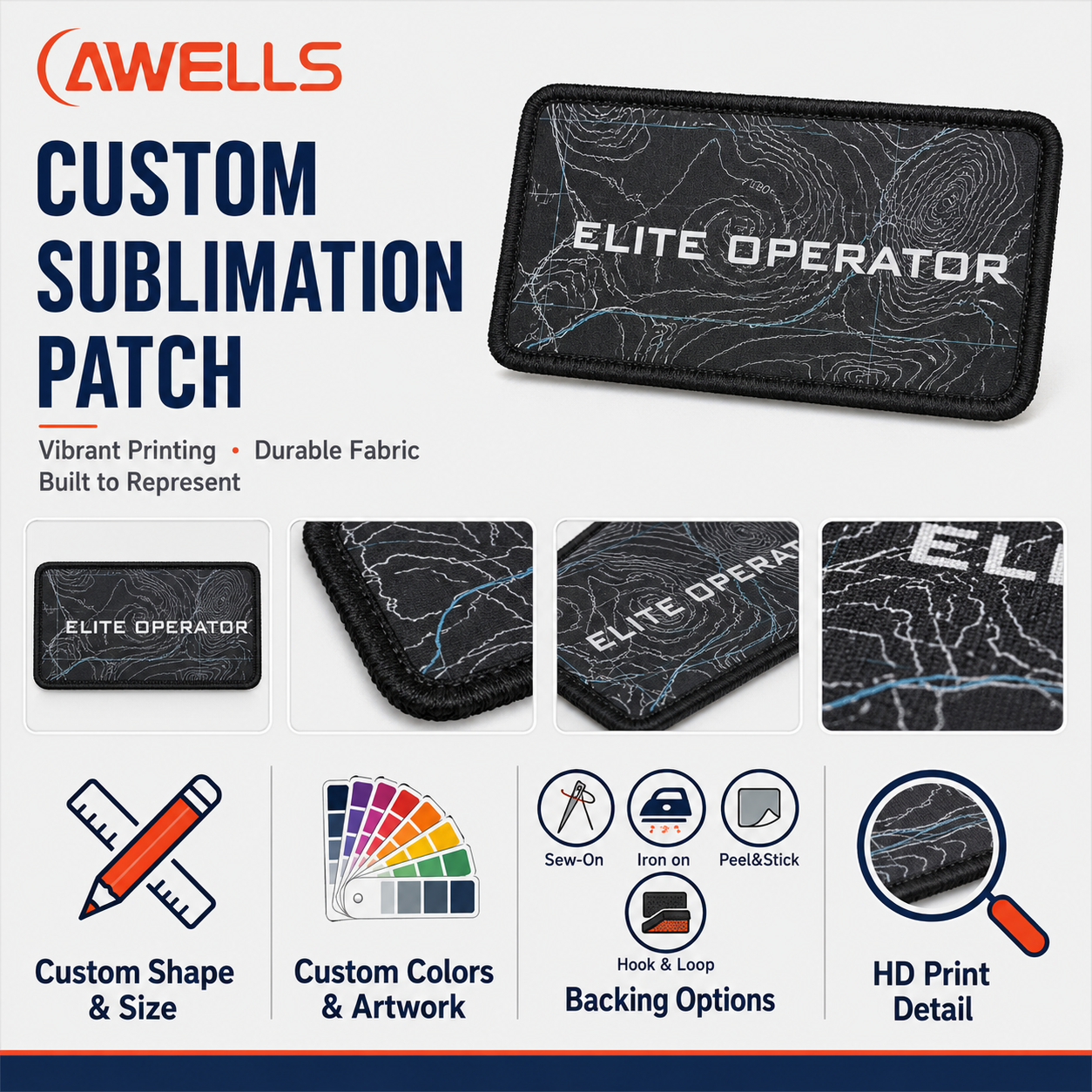 Custom Dye Sublimation Patch for Utility Gear with Topographic Map Print Fine Line Detail and Stitched Border OEM ODM AWELLS