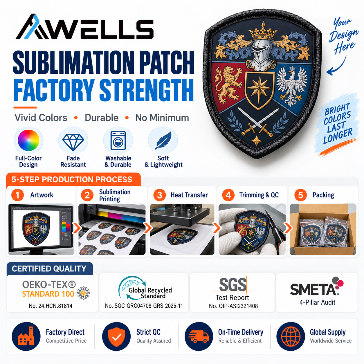 Custom Dye Sublimation Crest Patch with Heraldic Shield Artwork for Club Apparel Heritage Branding and Premium Accessories AWELLS