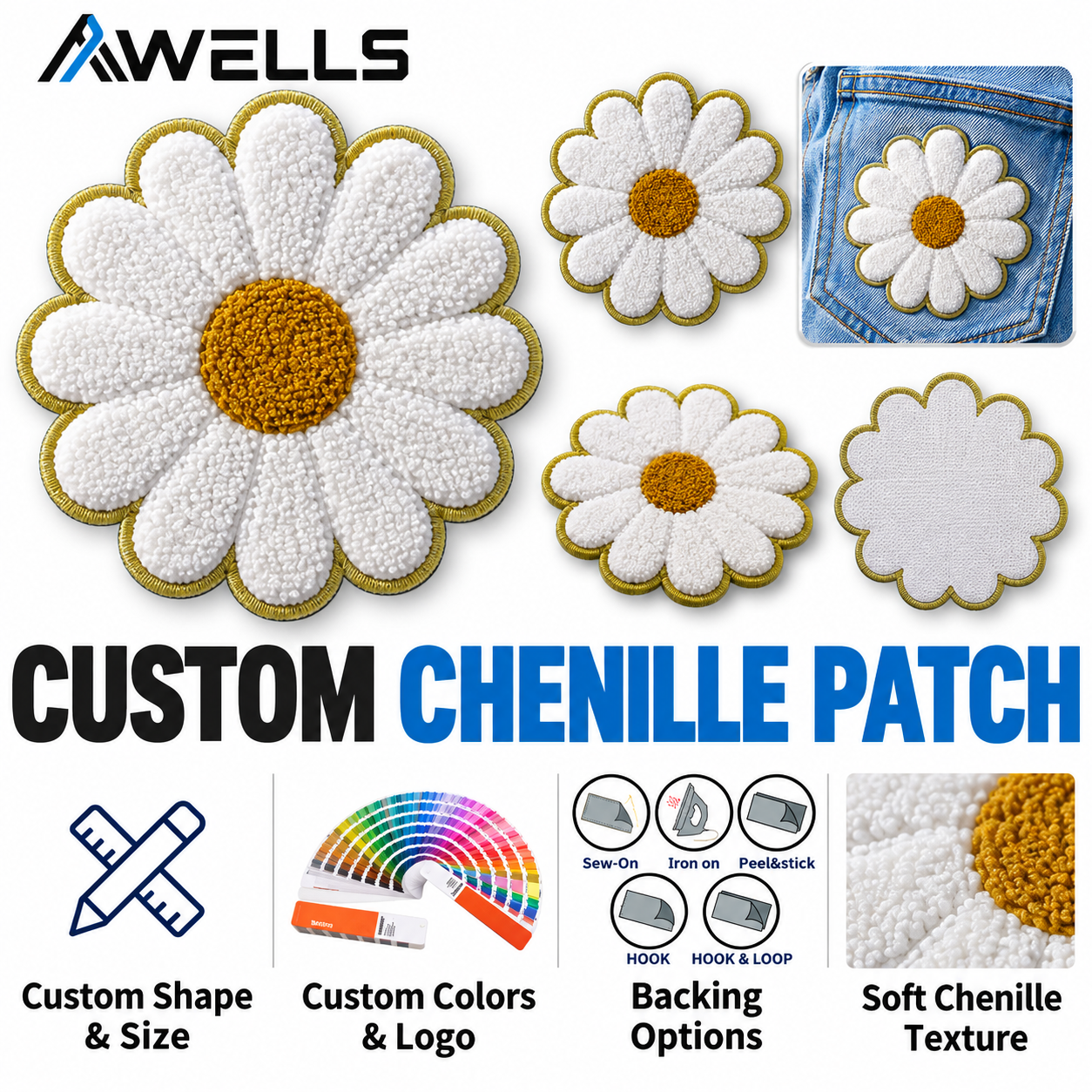 Custom Daisy Chenille Patch for Denim Jackets Fashion Appliqué Floral Letterman Patch AWELLS