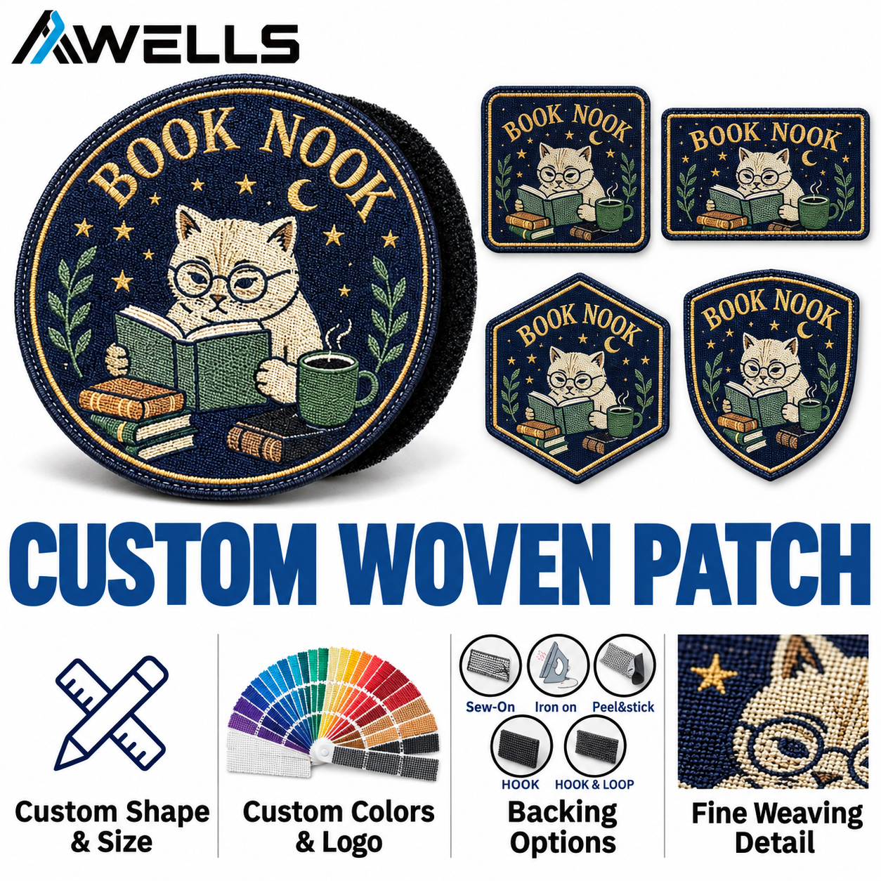 Custom Bookstore Woven Patch with Cat Reading Design for Tote Bags Library Gifts and Literary Merchandise AWELLS