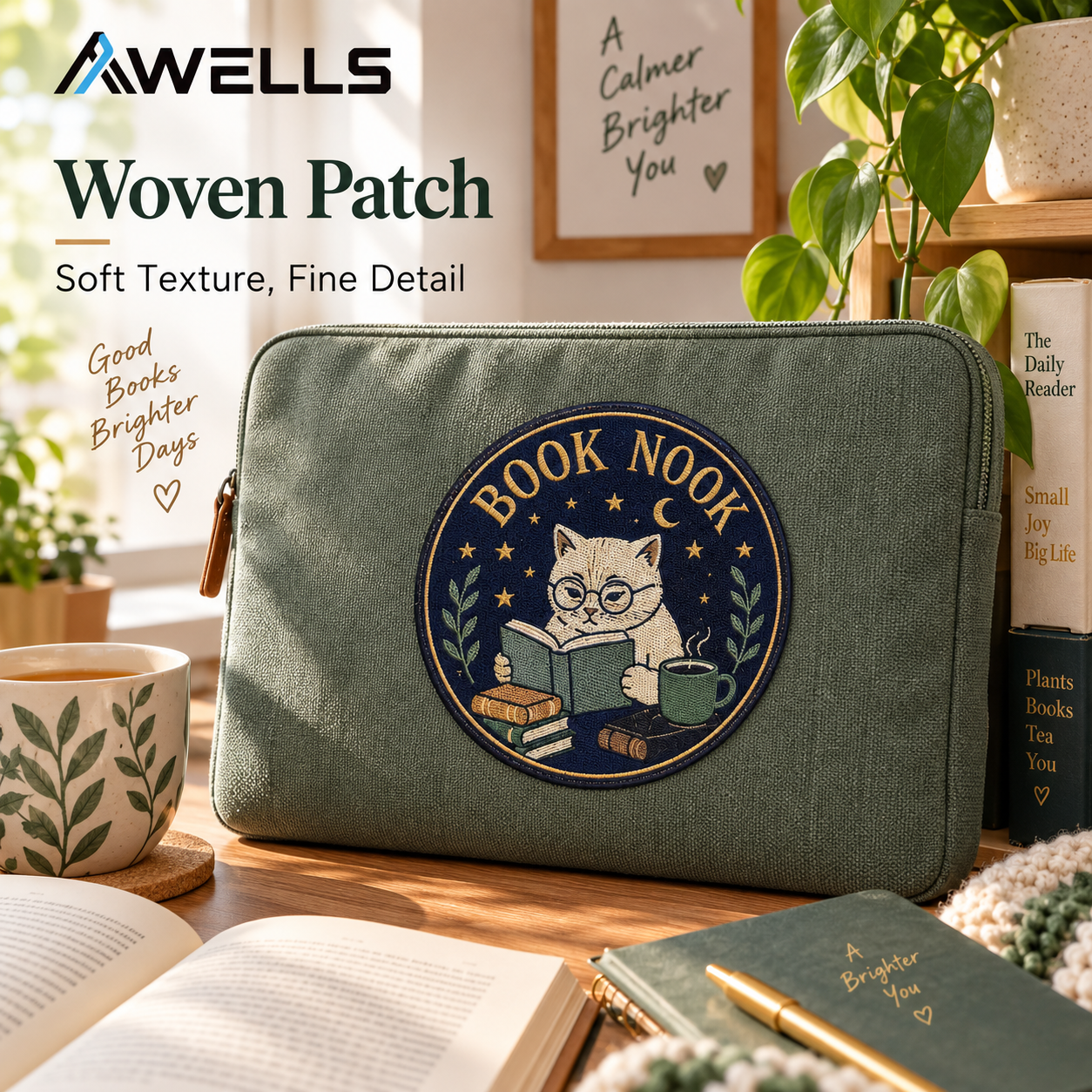 Custom Bookstore Woven Patch with Cat Reading Design for Tote Bags Library Gifts and Literary Merchandise AWELLS