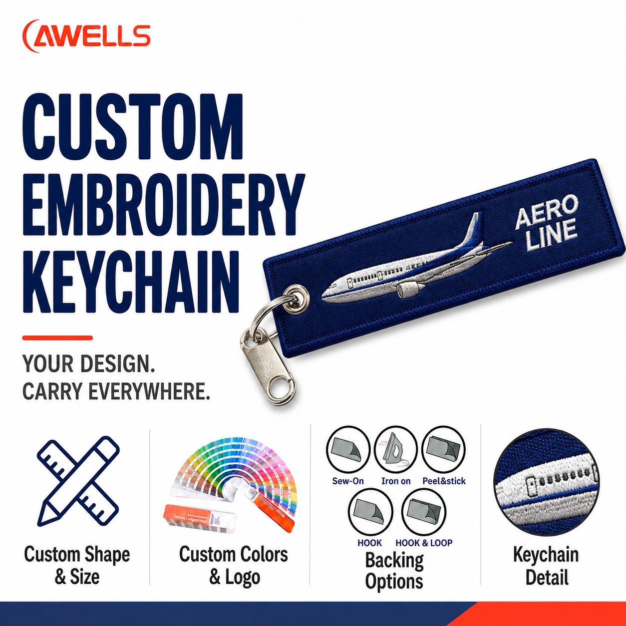 Custom Embroidery Keychain for Luggage and Travel Bags with Airplane Design Double-Sided Fabric Key Tag OEM ODM AWELLS
