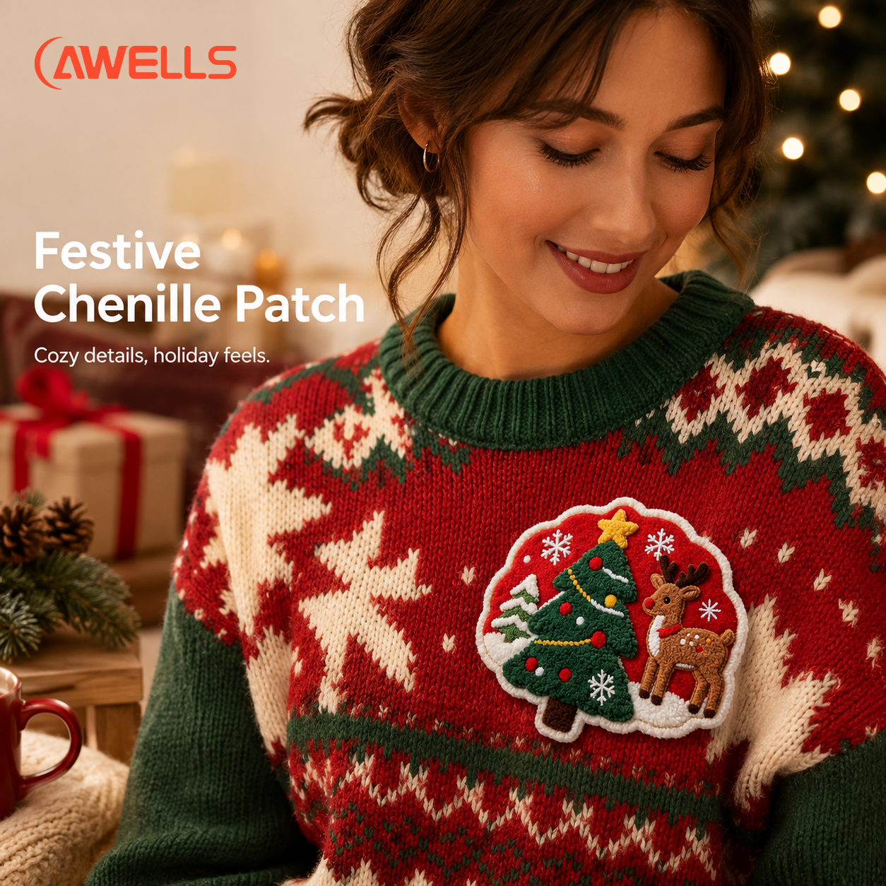 Custom Christmas Chenille Patch for Sweaters Holiday Apparel with Plush Texture and Embroidered Detail OEM ODM AWELLS