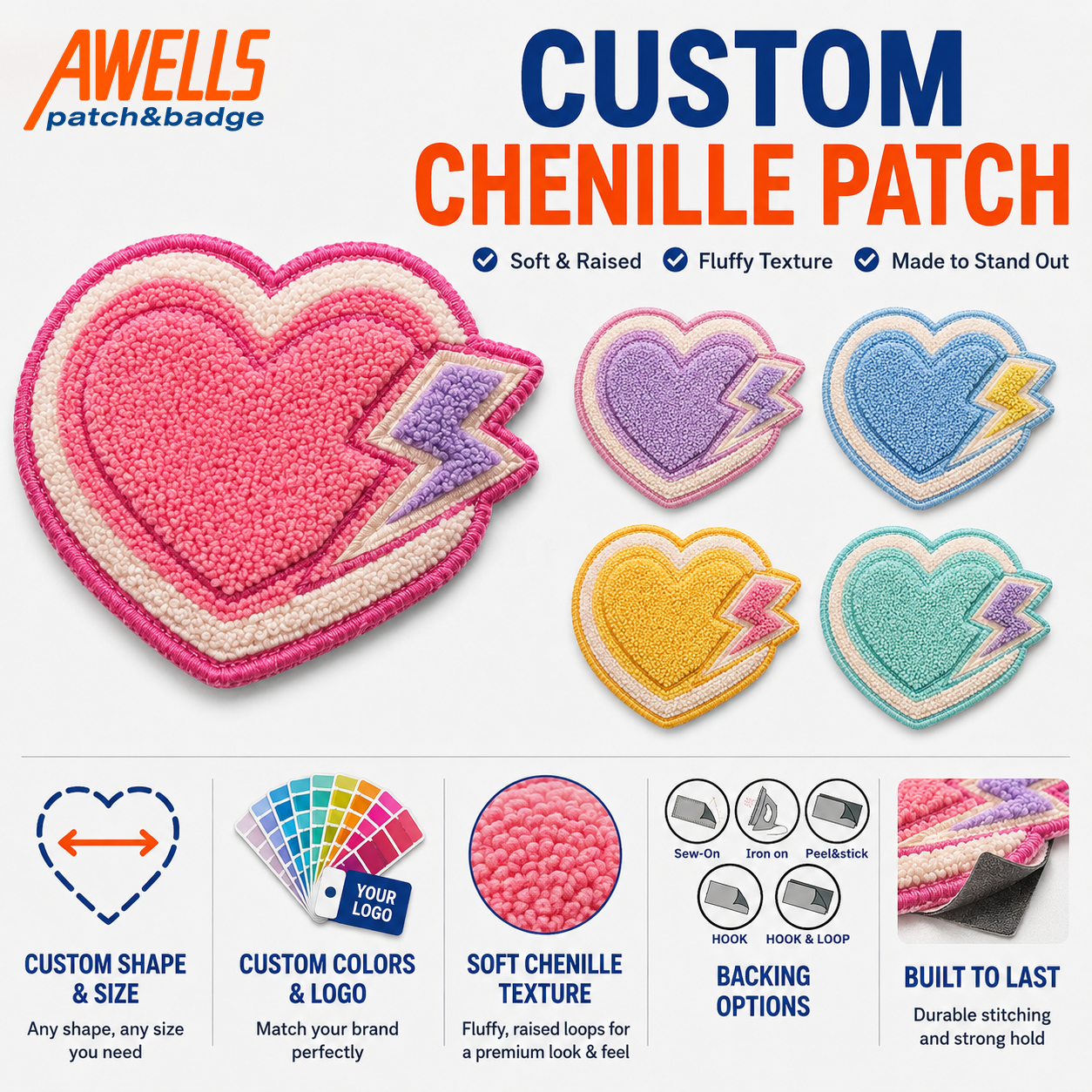 Custom Heart Chenille Patch for Hoodies Sweatshirts Varsity Apparel and Fashion Accessories AWELLS