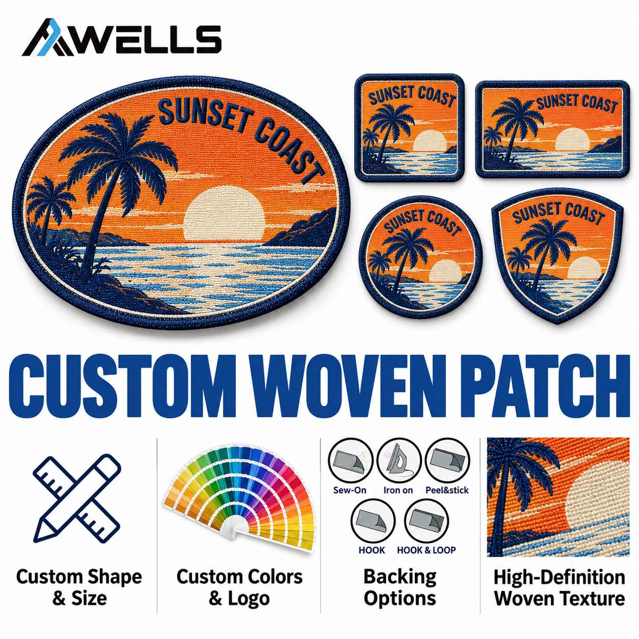 Custom Woven Patch for Tote Bags with Sunset Beach Design for Resort Souvenirs Travel Merchandise and Coastal Brands AWELLS