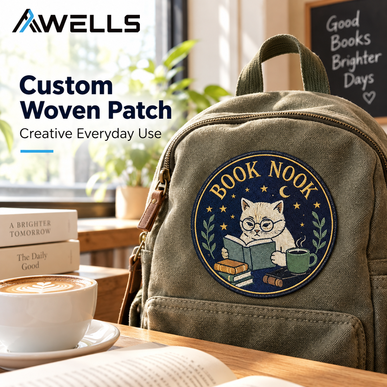 Custom Bookstore Woven Patch with Cat Reading Design for Tote Bags Library Gifts and Literary Merchandise AWELLS